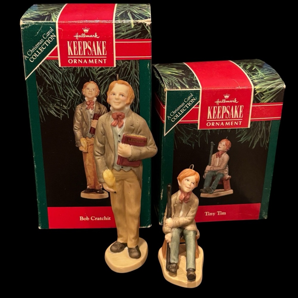 1991 Hallmark Keepsake Ornaments - Tiny Tim & Bob Cratchit - Fine Porcelain